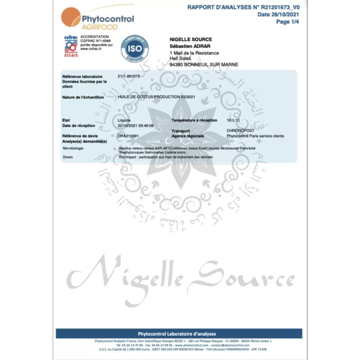 Huile de costus indien d’Égypte 100ml Usage Alimentaire - Nigelle Source