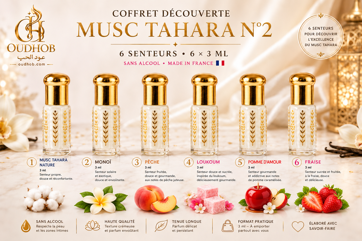 Coffret Découverte Musc Tahara N°2 – 6 Senteurs × 3 ml – Sans Alcool – OudHob | عود الحب