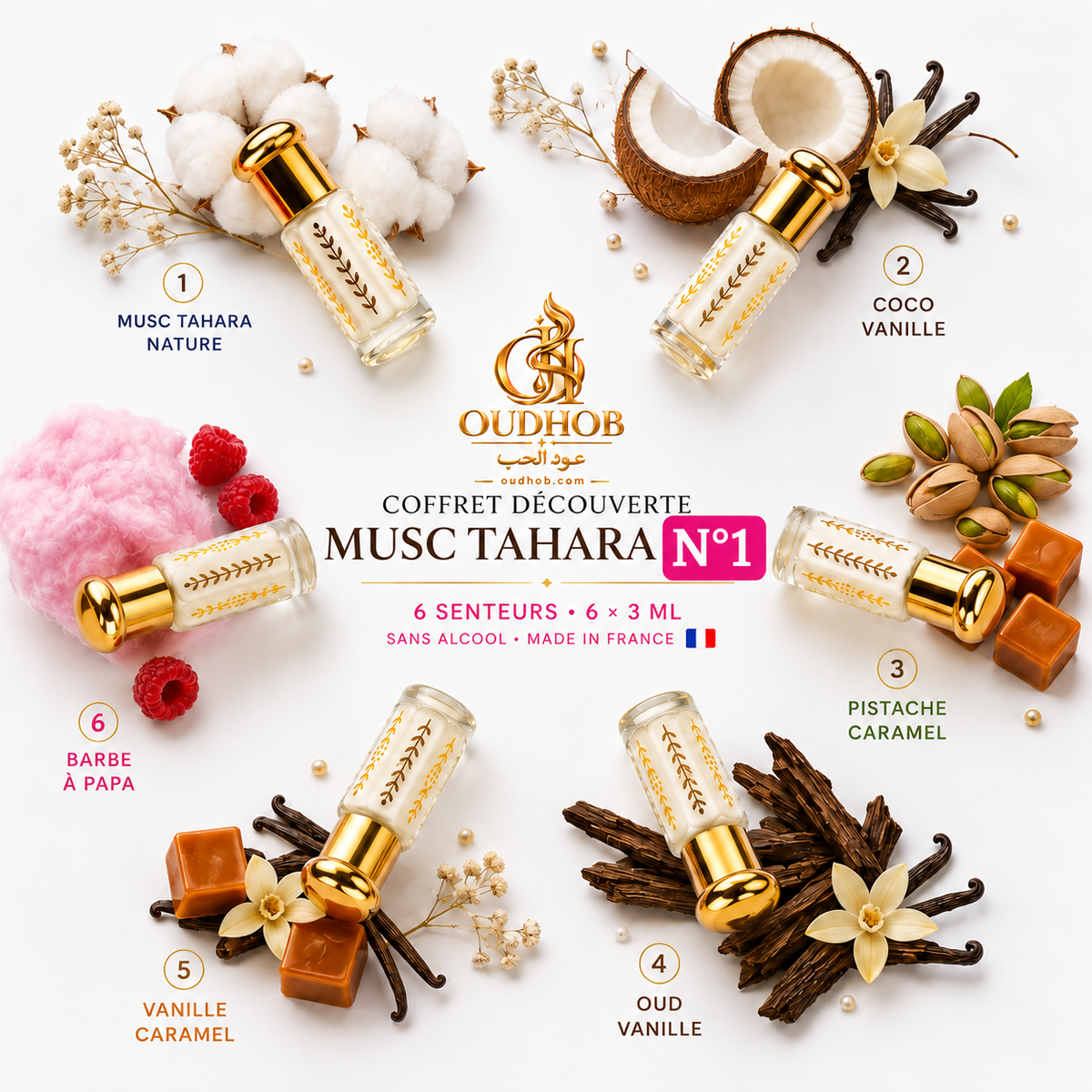 Musc Tahara Discovery Set N°1 – 6 Dofter × 3 ml Alkoholfri - Tillverkad i Frankrike – OudHob | عود الحب