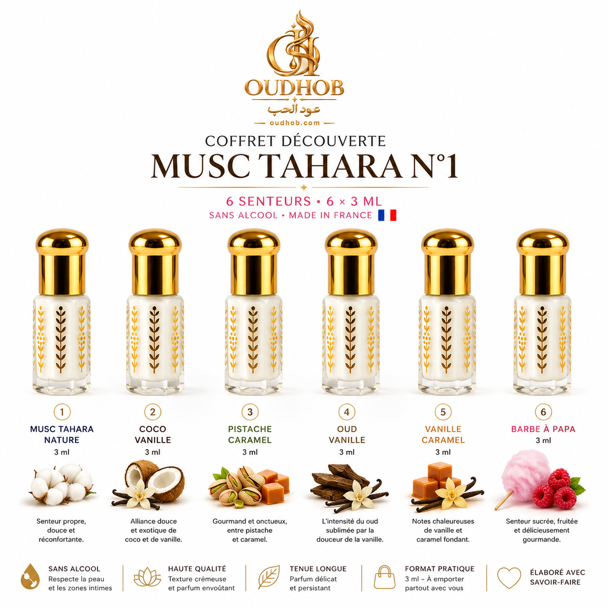 Musc Tahara Discovery Set N°1 – 6 Tuoksua × 3 ml – Alkoholiton – OudHob | عود الحب