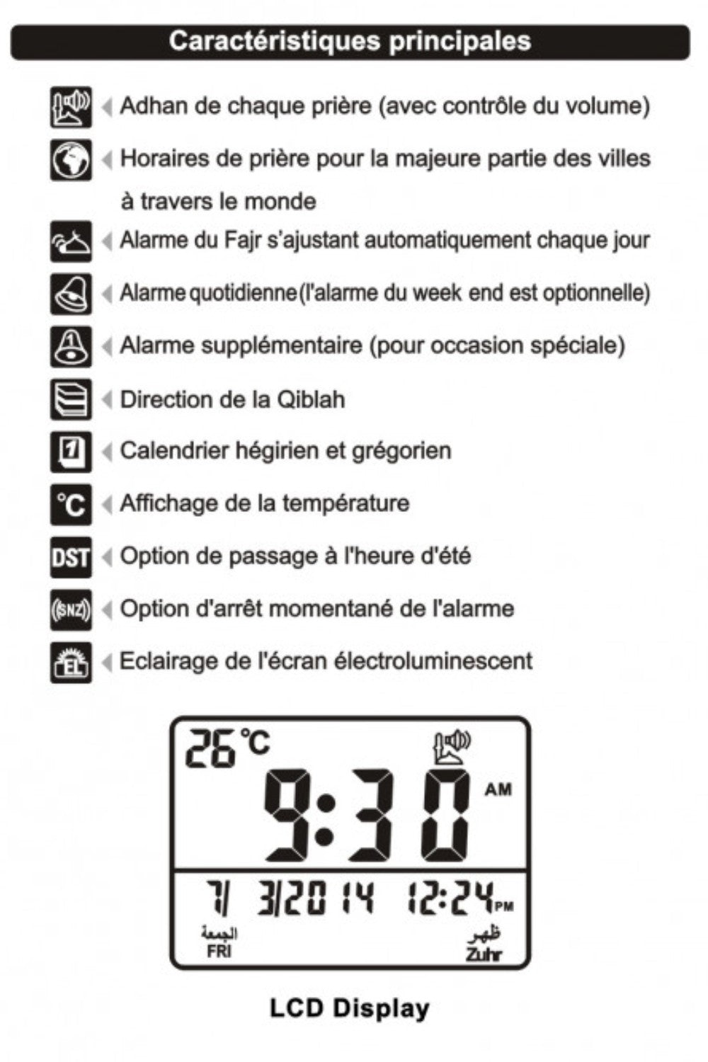 Adhan Horloge AL-HARAMEEN HA-3005, Horloge prière horaires Azan réveil numérique musulmane
