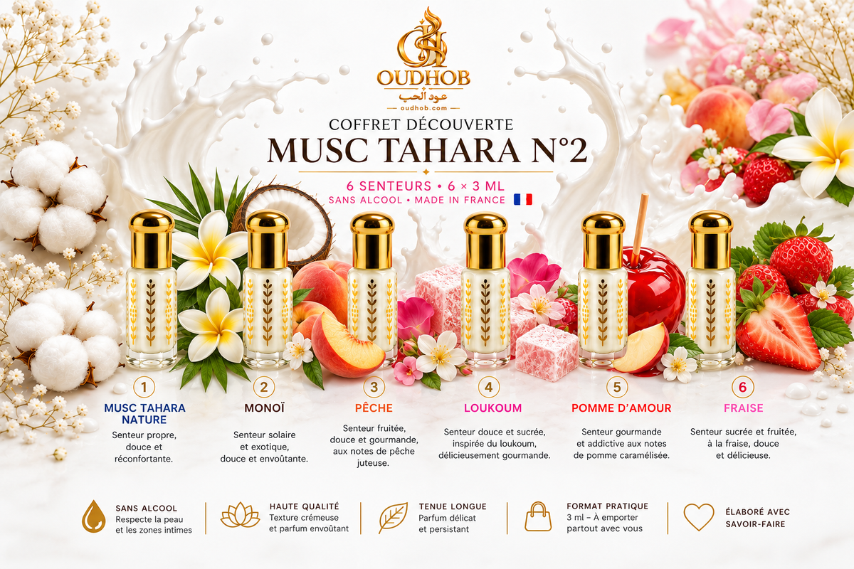 Coffret Découverte Musc Tahara N°2 – 6 Senteurs × 3 ml – Sans Alcool – OudHob | عود الحب