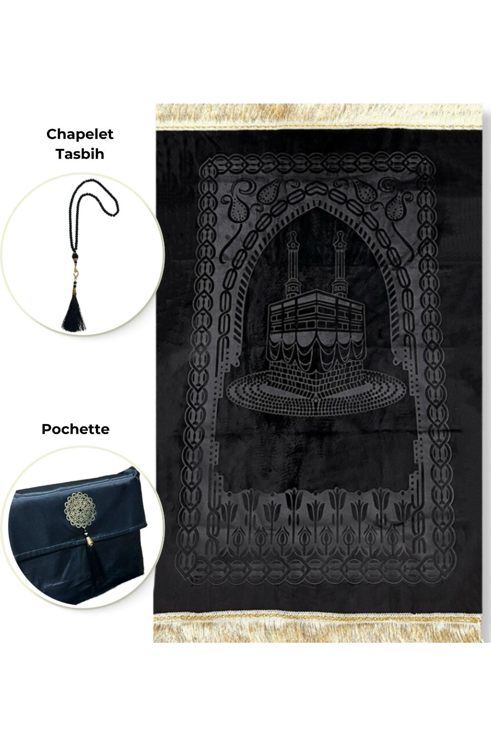 Coffret cadeau élégant Pochette en tissu Tapis de prière & Tasbih (chapelet) Sajada en Velours de Luxe