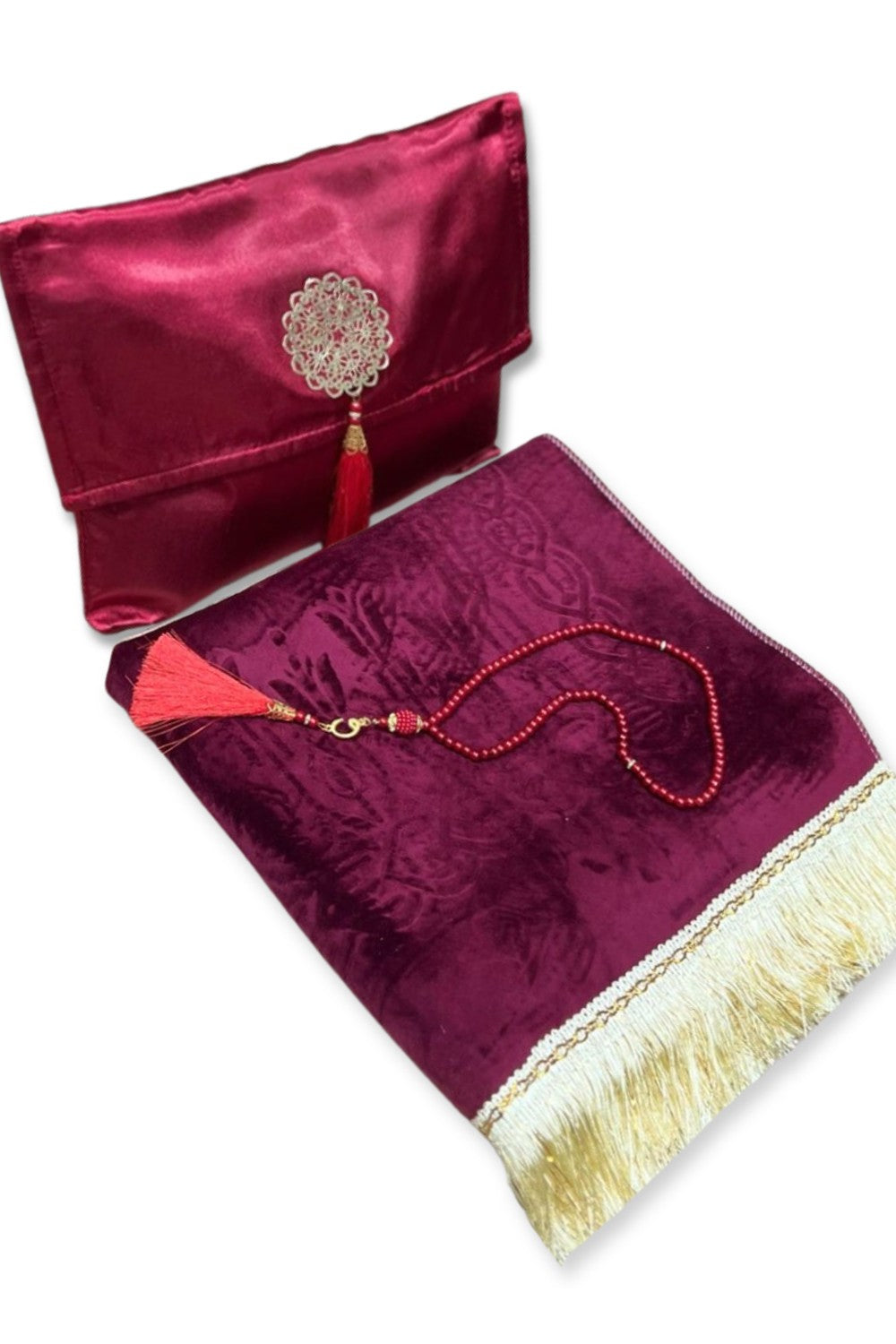 Coffret cadeau élégant Pochette en tissu Tapis de prière & Tasbih (chapelet) Sajada en Velours de Luxe