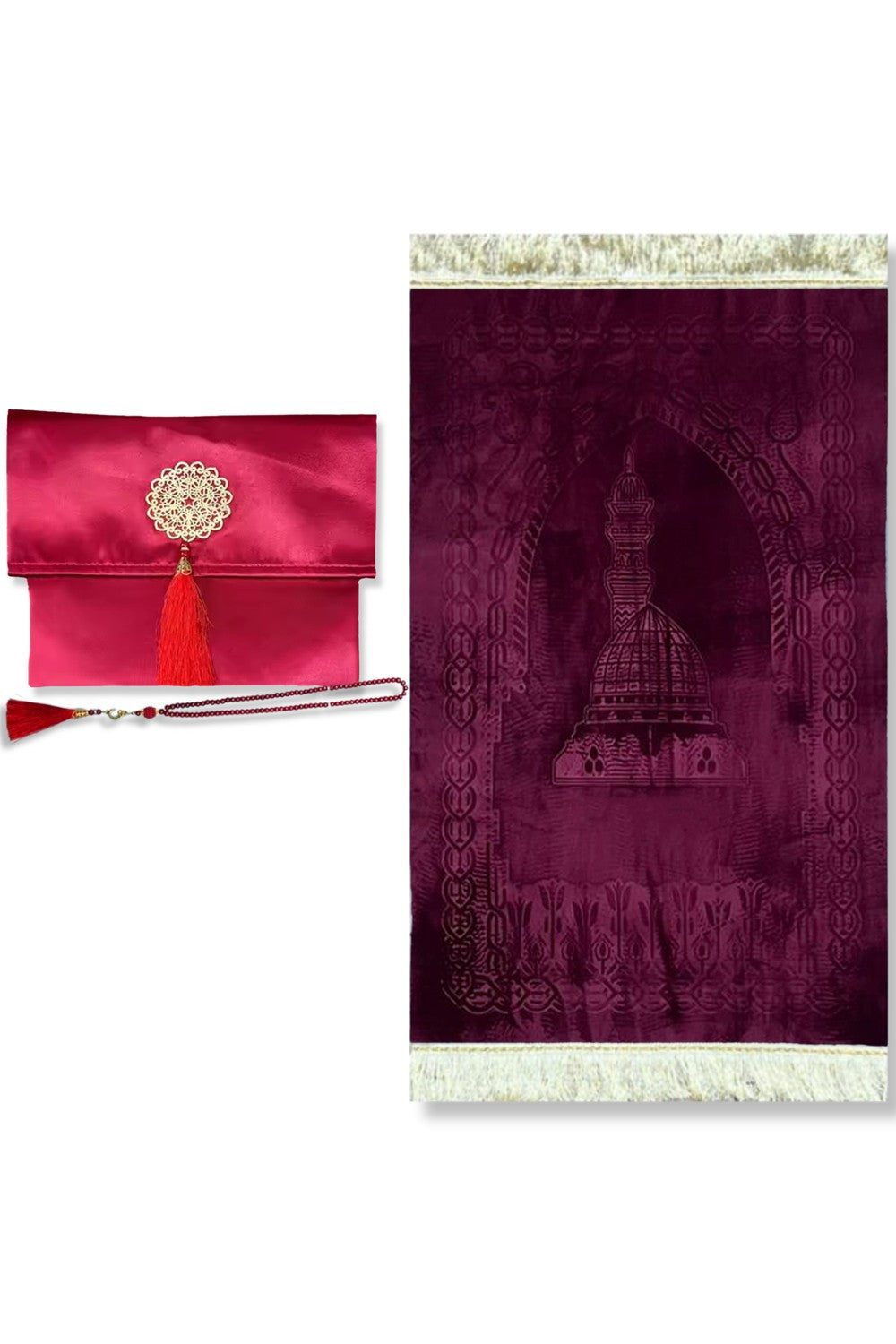 Coffret cadeau élégant Pochette en tissu Tapis de prière & Tasbih (chapelet) Sajada en Velours de Luxe
