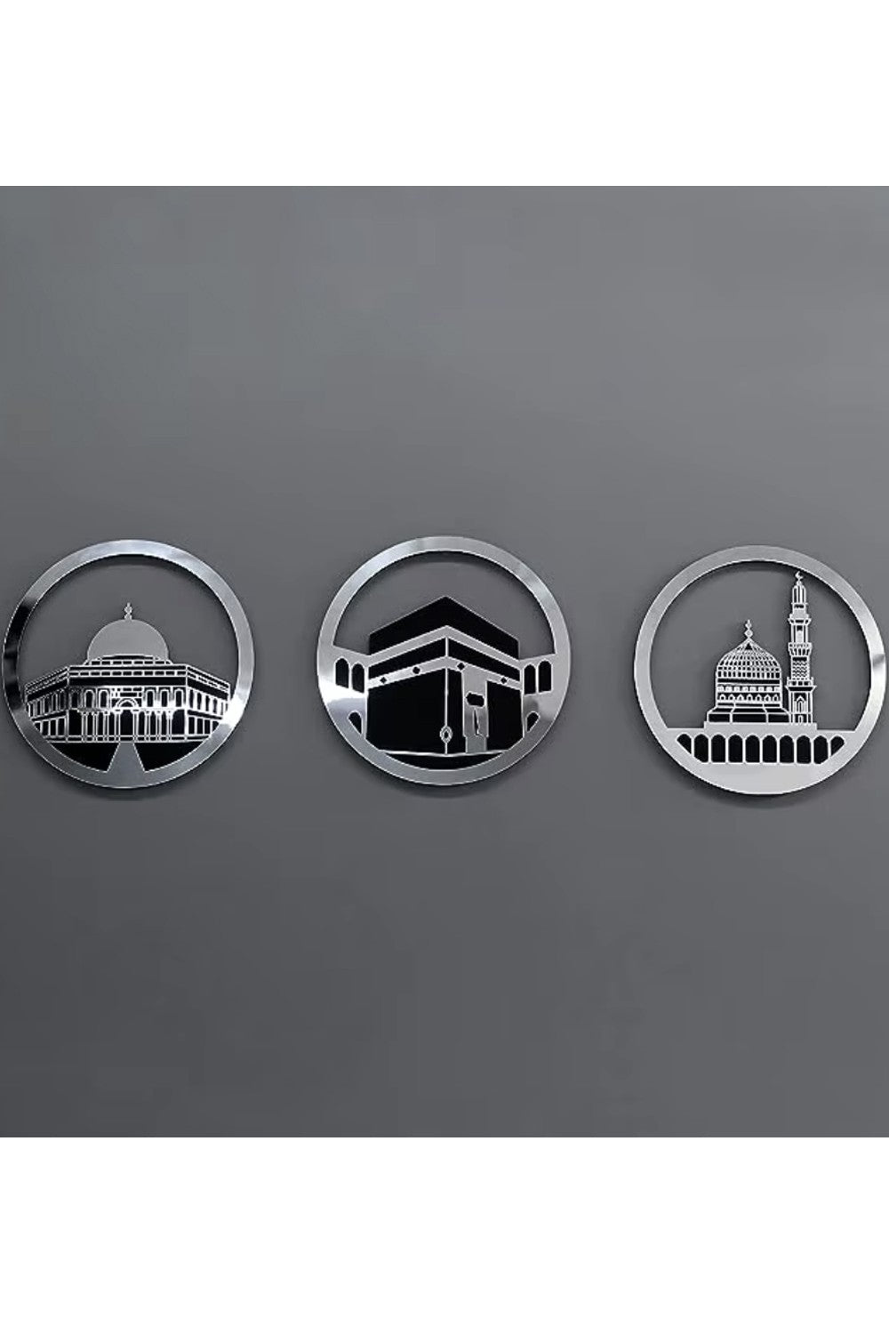 Ensemble d'Art Mural Islamique Rond 30x30 cm – Masjid Al-Haram, Masjid Al-Aqsa, Masjid An-Nabawi | Décoration Murale Islamique