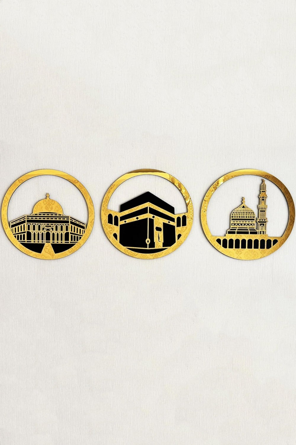 Ensemble d'Art Mural Islamique Rond 30x30 cm – Masjid Al-Haram, Masjid Al-Aqsa, Masjid An-Nabawi | Décoration Murale Islamique