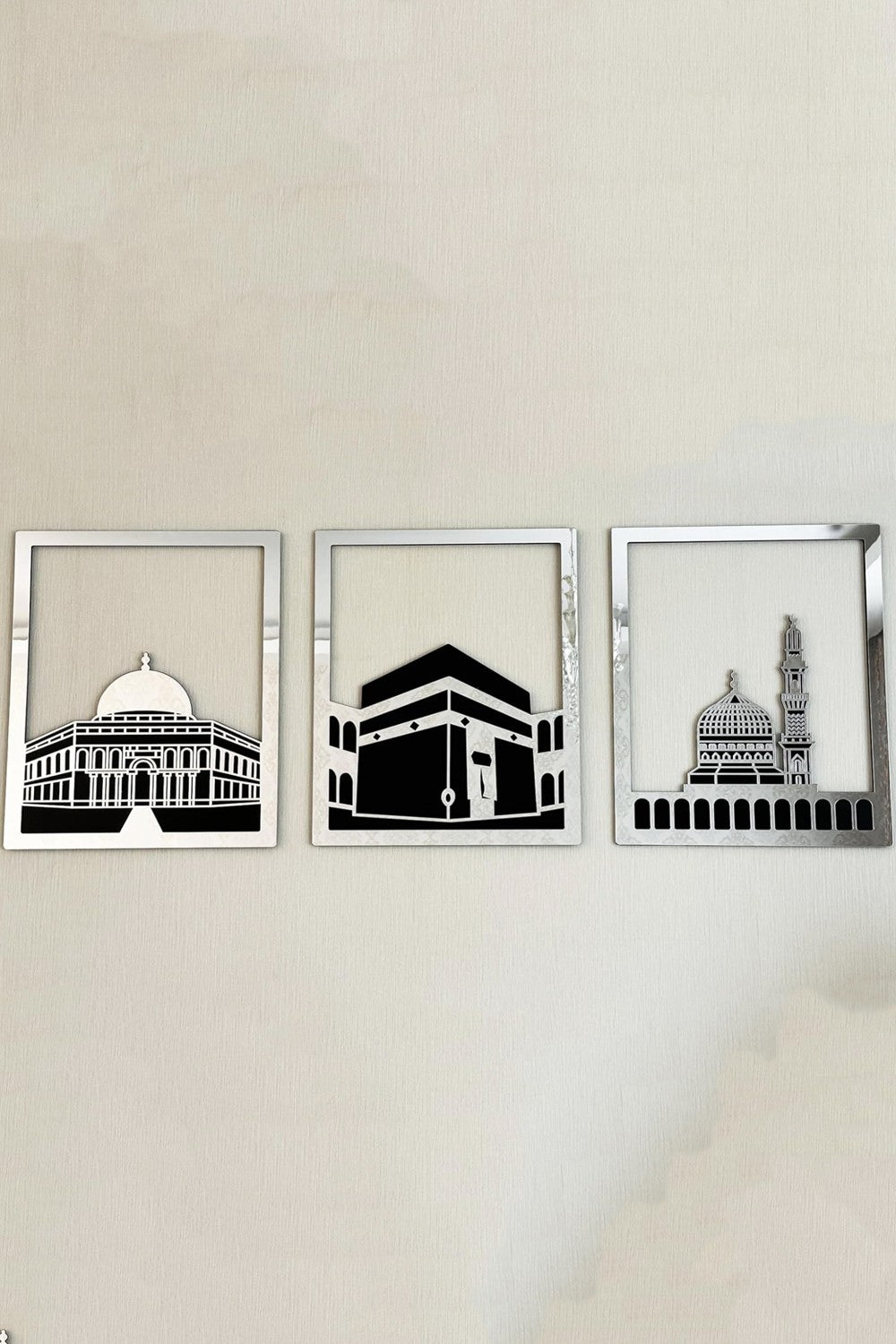 Ensemble d'Art Mural Islamique – Cadre Rectangulaire 38x30 cm | Masjid Al-Haram, Masjid Al-Aqsa, Masjid An-Nabawi