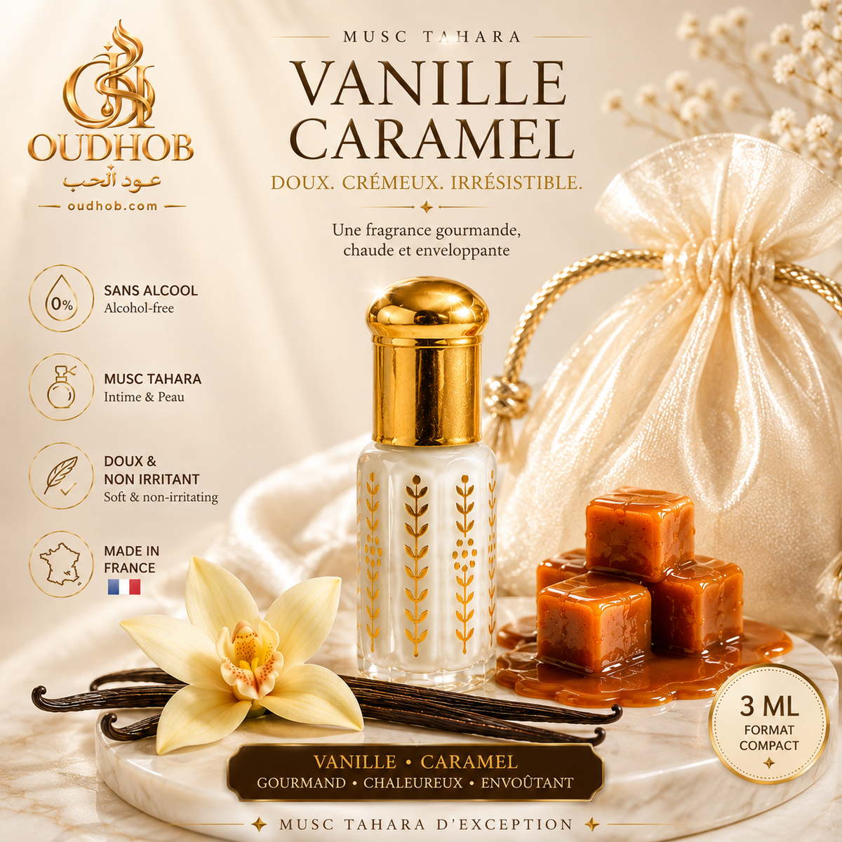 Musc Tahara Vanille Karamel – Intieme Musk Zonder Alcohol 3 ml – OudHob | عود الحب