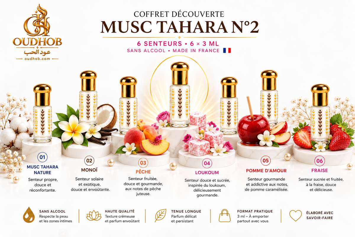 Coffret Découverte Musc Tahara N°2 – 6 Senteurs × 3 ml – Sans Alcool – OudHob | عود الحب