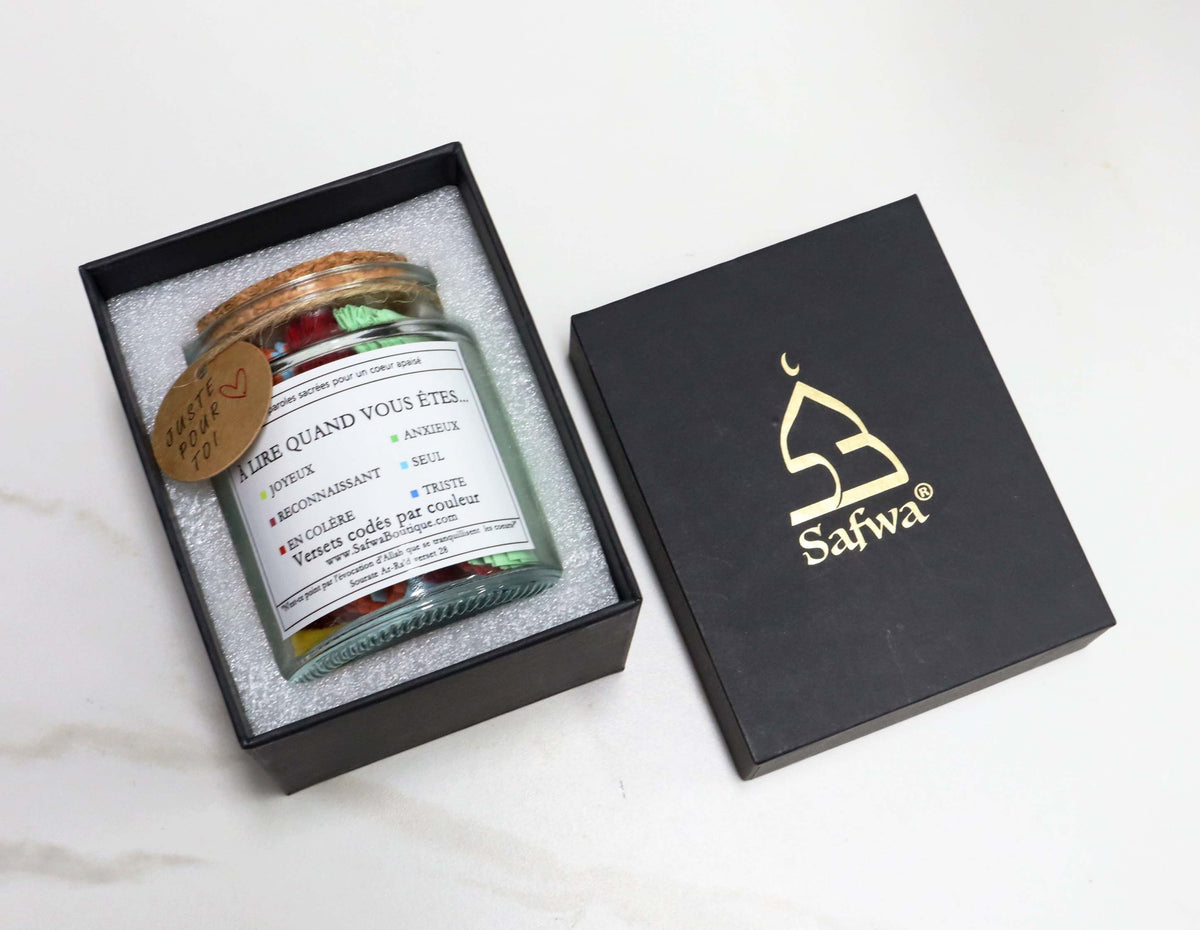 Bocal Coran Safwa® – Versets en Arabe & Français, Codés par Émotion – Coffret Cadeau Élégant