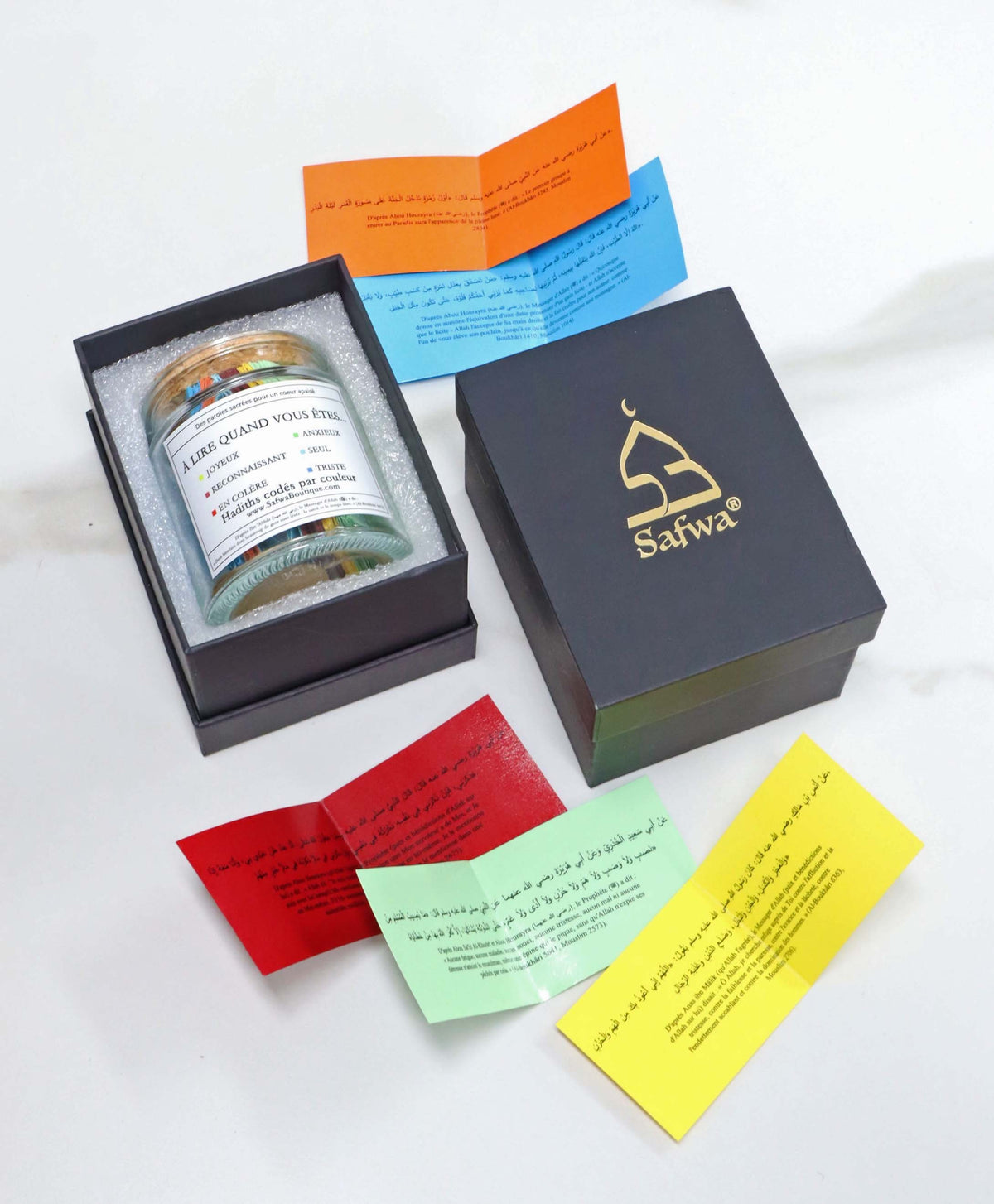 Bocal Hadith Safwa® – Hadiths Authentiques en Arabe & Français, Codés par Émotion – Coffret Cadeau Élégant (Exclusivité Safwa®)