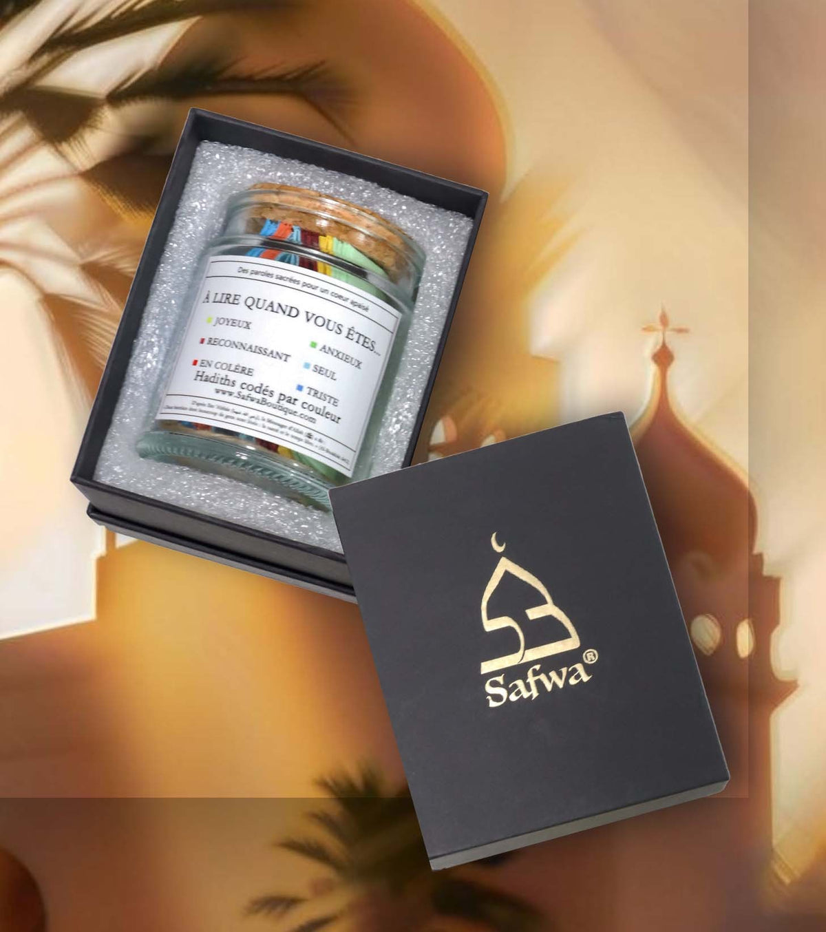 Bocal Hadith Safwa® – Hadiths Authentiques en Arabe & Français, Codés par Émotion – Coffret Cadeau Élégant (Exclusivité Safwa®)
