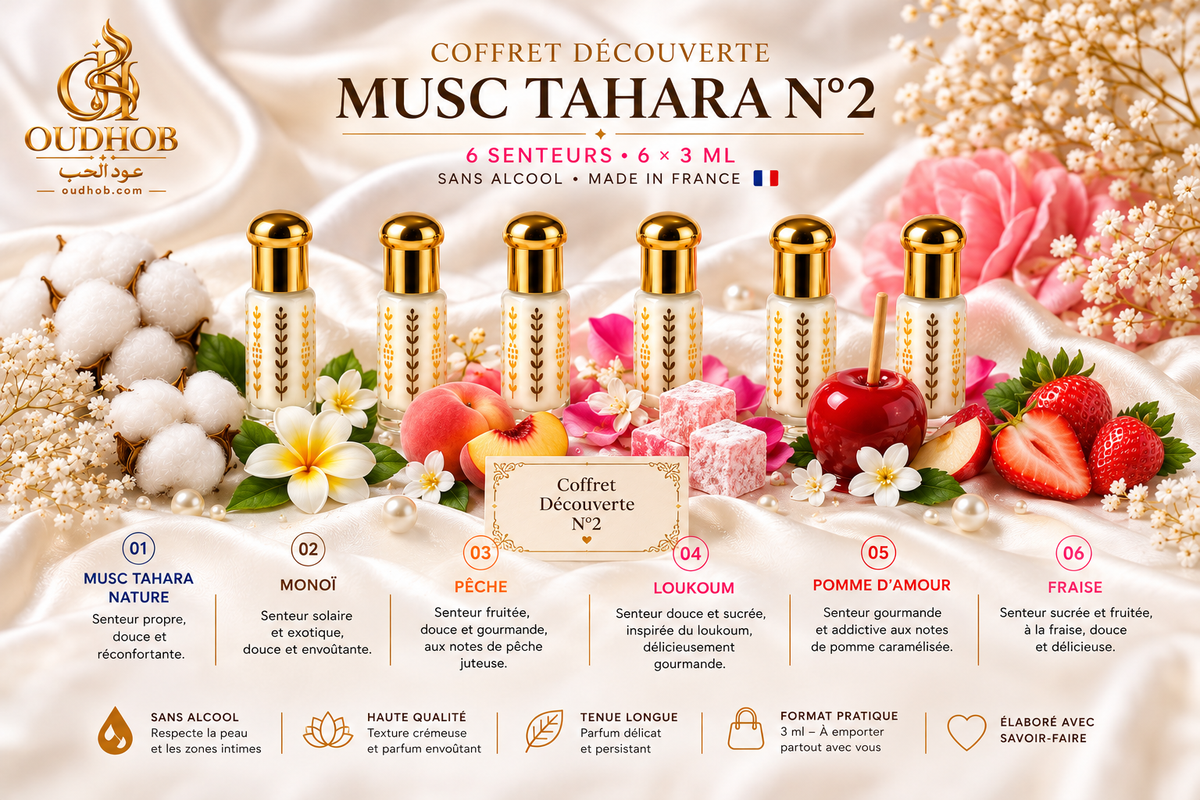 Coffret Découverte Musc Tahara N°2 – 6 Senteurs × 3 ml – Sans Alcool – OudHob | عود الحب