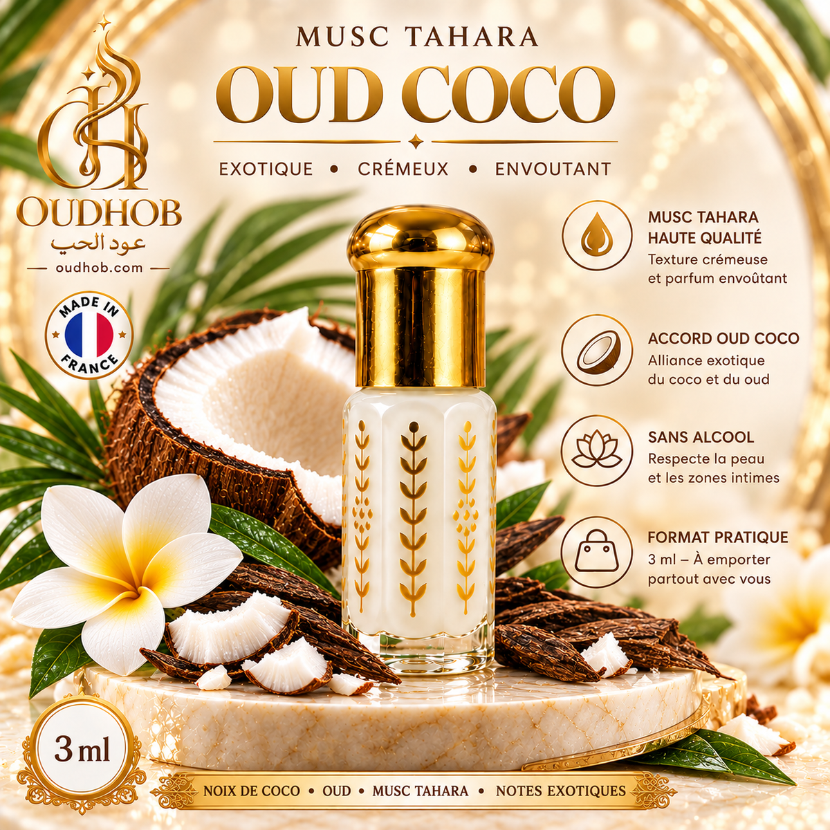 Musc Tahara Oud Coco – Musc Intime Sans Alcool 3 ml - Fabriqué en France – OudHob | عود الحب