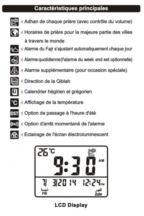 Adhan Horloge AL-HARAMEEN HA-3005, Horloge prière horaires Azan réveil numérique musulmane