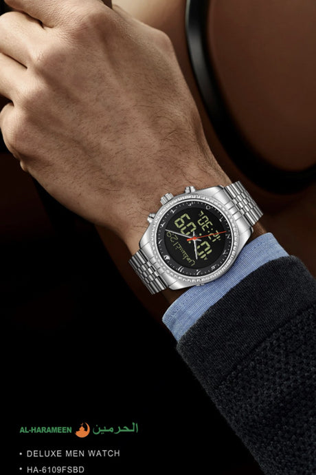 Montre de luxe originale Saphir AL-HARAMEEN HA-6109 Montre horaires Azan numérique étanche, Montre poignet en acier inoxydable