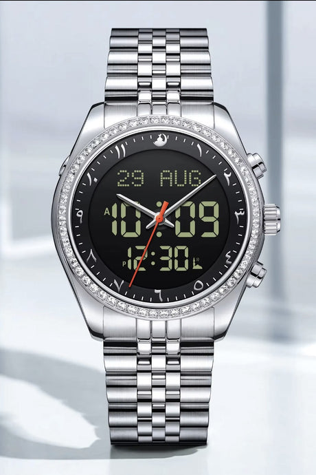 Montre de luxe originale Saphir AL-HARAMEEN HA-6109 Montre horaires Azan numérique étanche, Montre poignet en acier inoxydable