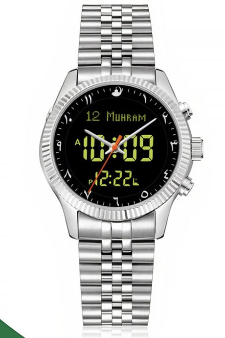 Montre de luxe originale Saphir AL-HARAMEEN HA-6109 Montre horaires Azan numérique étanche, Montre poignet en acier inoxydable