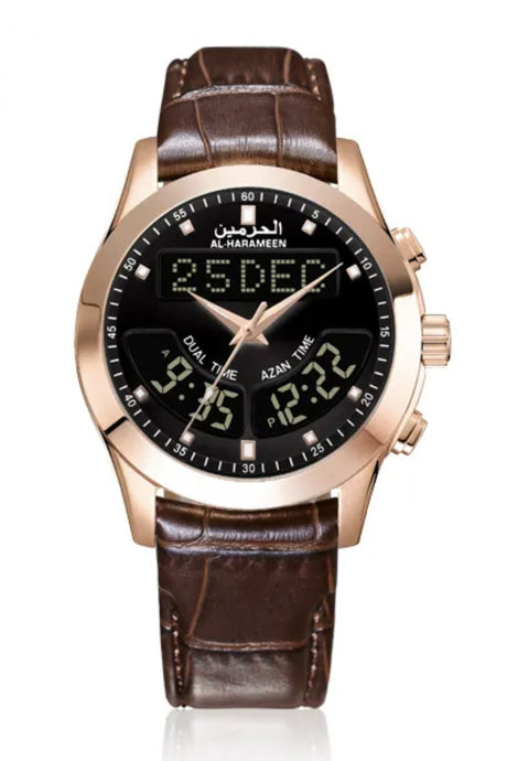 Montre de luxe originale AL-HARAMEEN HA-6102 Montre horaires Azan Boîte-cadeau en cuir, Montre azan analogique-numérique