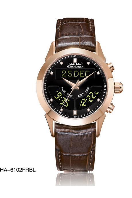 Montre de luxe originale AL-HARAMEEN HA-6102 Montre horaires Azan Boîte-cadeau en cuir, Montre azan analogique-numérique