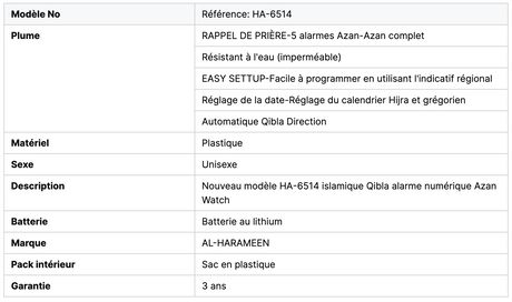 Montre de sport Al Harameen HA-6514, Montre horaires Azan étanche Montre Heures de prière dans le monde entier