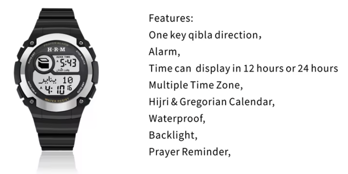 Montre de sport Al Harameen HA-6514, Montre horaires Azan étanche Montre Heures de prière dans le monde entier