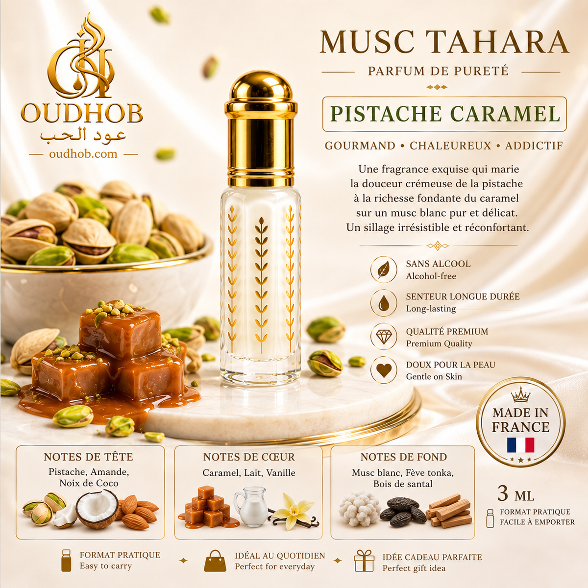 Musc Tahara Pistache Karamel – Intieme Musk Zonder Alcohol 3 ml – OudHob | عود الحب