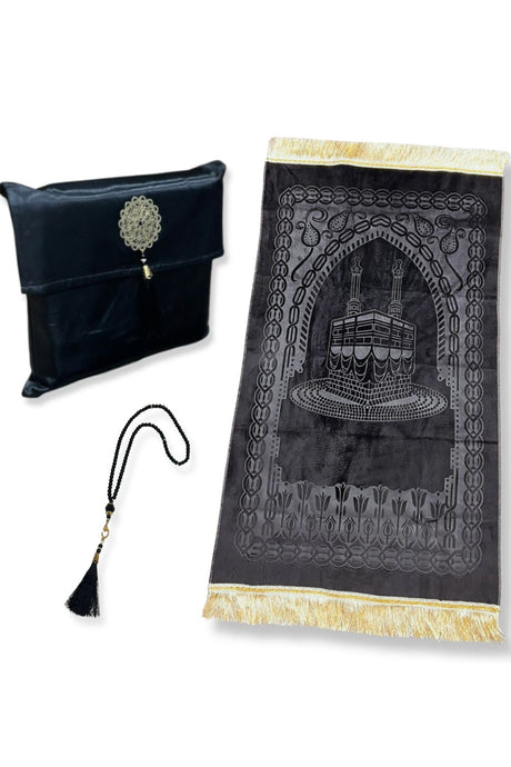 Coffret cadeau élégant Pochette en tissu Tapis de prière & Tasbih (chapelet) Sajada en Velours de Luxe