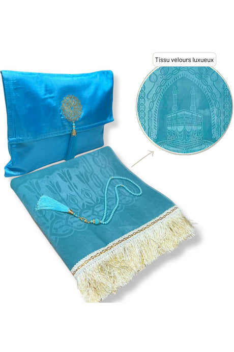 Coffret cadeau élégant Pochette en tissu Tapis de prière & Tasbih (chapelet) Sajada en Velours de Luxe