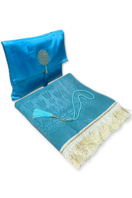 Coffret cadeau élégant Pochette en tissu Tapis de prière & Tasbih (chapelet) Sajada en Velours de Luxe