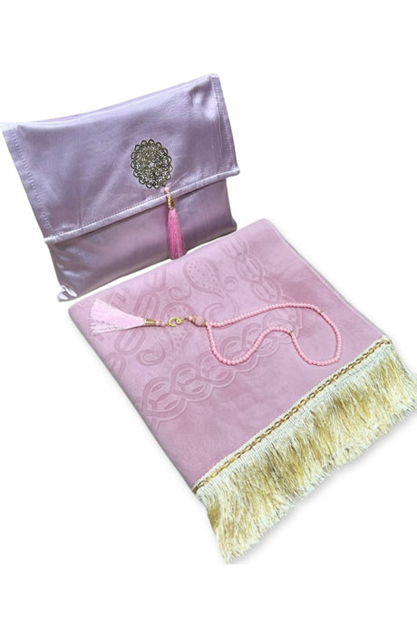 Coffret cadeau élégant Pochette en tissu Tapis de prière & Tasbih (chapelet) Sajada en Velours de Luxe