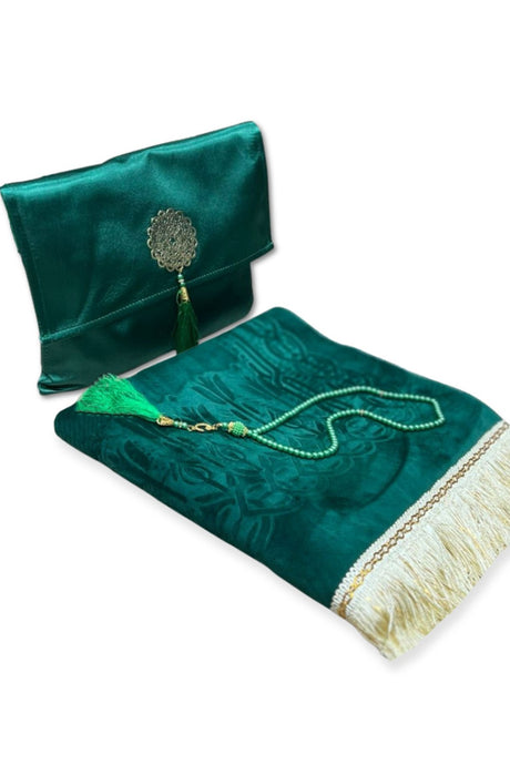 Coffret cadeau élégant Pochette en tissu Tapis de prière & Tasbih (chapelet) Sajada en Velours de Luxe
