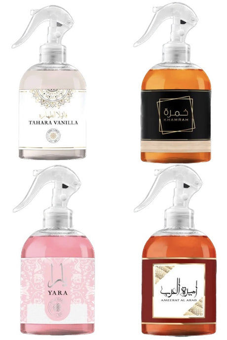 Lot de 4 Spray Textiles Yara/Khamrah/Ameerat Al Araab/Tahara vanille DUBAI FLOWER 250mL/8.45 Fl.oz - Lattafa