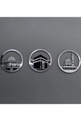 Ensemble d'Art Mural Islamique Rond 30x30 cm – Masjid Al-Haram, Masjid Al-Aqsa, Masjid An-Nabawi | Décoration Murale Islamique