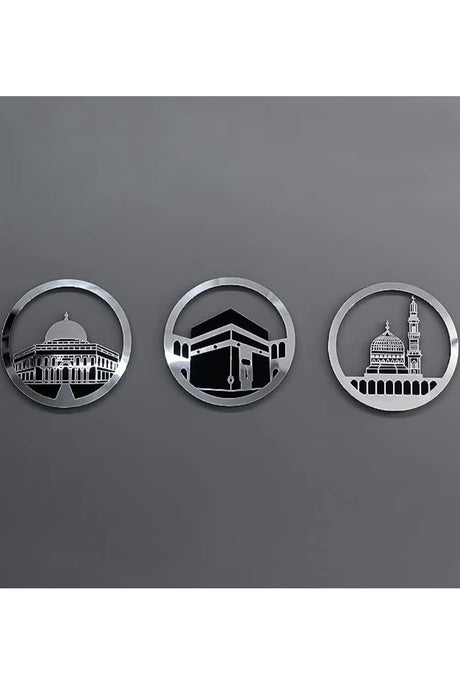 Ensemble d'Art Mural Islamique Rond 30x30 cm – Masjid Al-Haram, Masjid Al-Aqsa, Masjid An-Nabawi | Décoration Murale Islamique