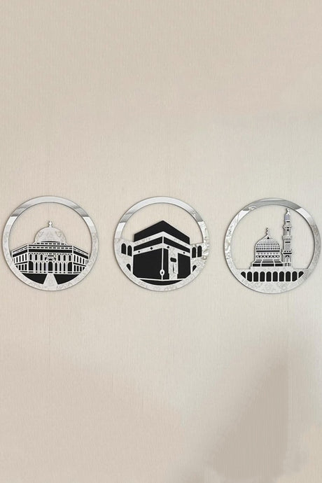 Ensemble d'Art Mural Islamique Rond 30x30 cm – Masjid Al-Haram, Masjid Al-Aqsa, Masjid An-Nabawi | Décoration Murale Islamique