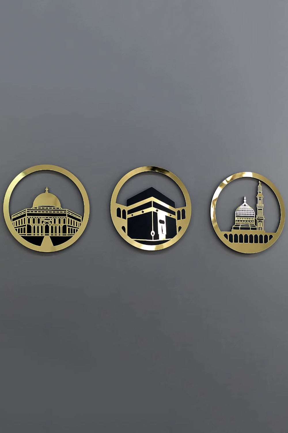 Ensemble d'Art Mural Islamique Rond 30x30 cm – Masjid Al-Haram, Masjid Al-Aqsa, Masjid An-Nabawi | Décoration Murale Islamique