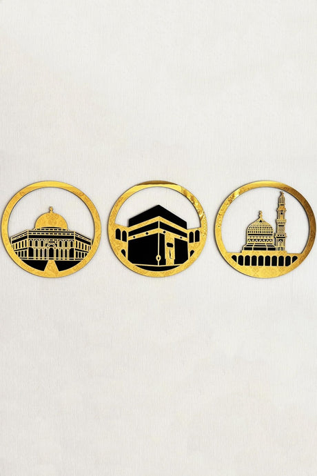 Ensemble d'Art Mural Islamique Rond 30x30 cm – Masjid Al-Haram, Masjid Al-Aqsa, Masjid An-Nabawi | Décoration Murale Islamique