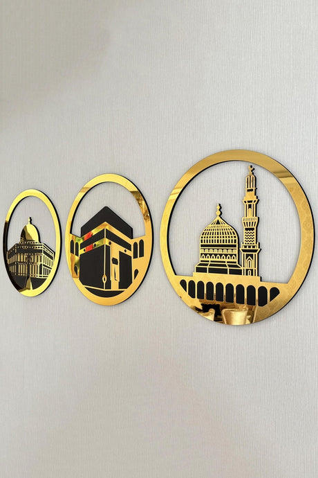 Ensemble d'Art Mural Islamique Rond 30x30 cm – Masjid Al-Haram, Masjid Al-Aqsa, Masjid An-Nabawi | Décoration Murale Islamique