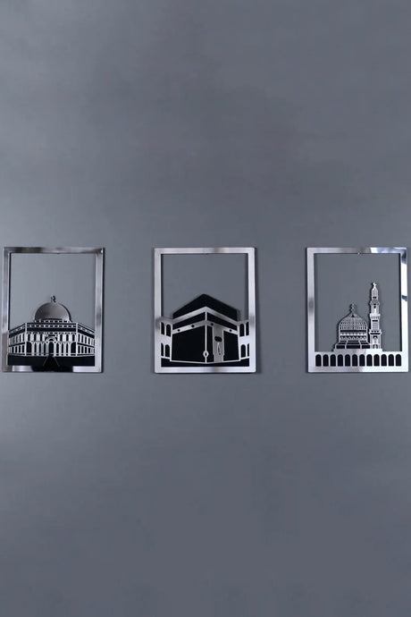 Ensemble d'Art Mural Islamique – Cadre Rectangulaire 38x30 cm | Masjid Al-Haram, Masjid Al-Aqsa, Masjid An-Nabawi
