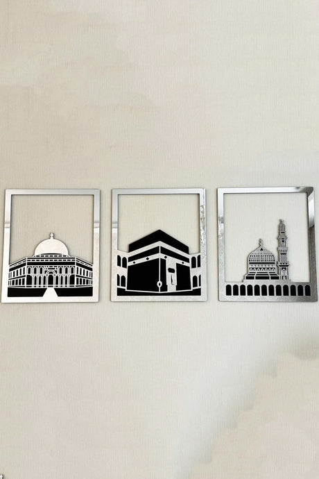 Ensemble d'Art Mural Islamique – Cadre Rectangulaire 38x30 cm | Masjid Al-Haram, Masjid Al-Aqsa, Masjid An-Nabawi