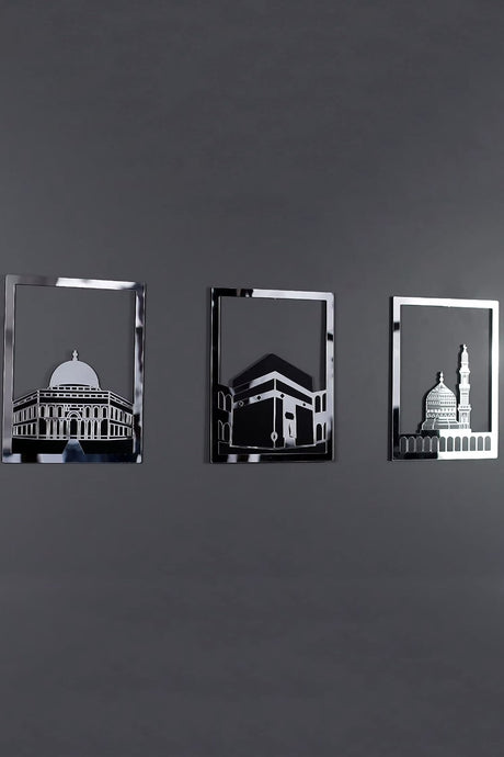 Ensemble d'Art Mural Islamique – Cadre Rectangulaire 38x30 cm | Masjid Al-Haram, Masjid Al-Aqsa, Masjid An-Nabawi