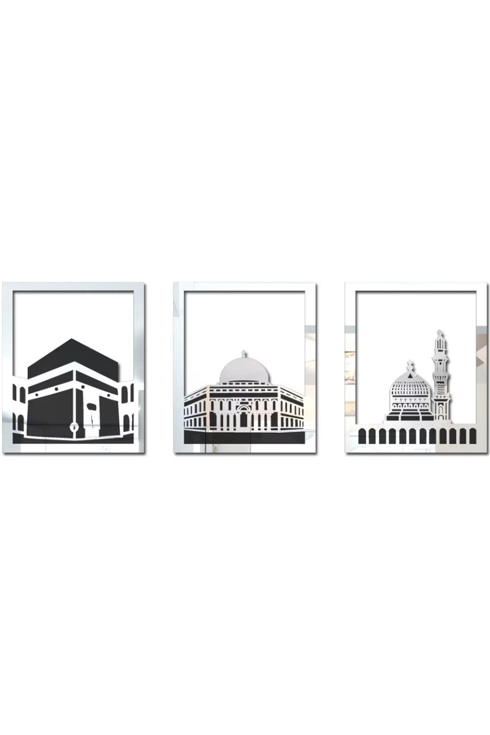 Ensemble d'Art Mural Islamique – Cadre Rectangulaire 38x30 cm | Masjid Al-Haram, Masjid Al-Aqsa, Masjid An-Nabawi