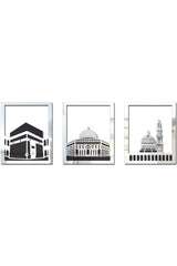 Ensemble d'Art Mural Islamique – Cadre Rectangulaire 38x30 cm | Masjid Al-Haram, Masjid Al-Aqsa, Masjid An-Nabawi