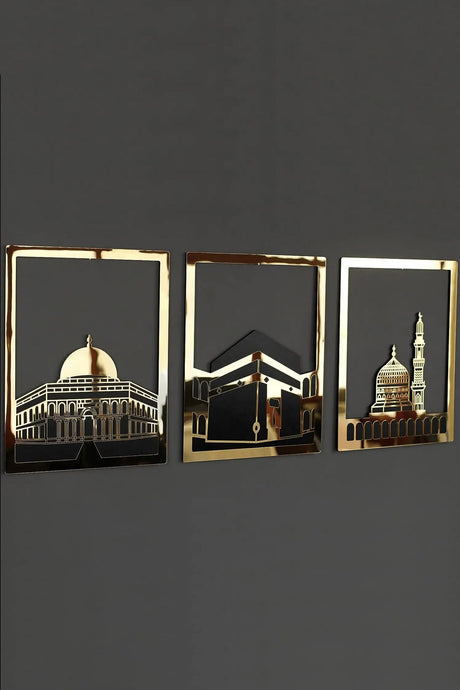 Ensemble d'Art Mural Islamique – Cadre Rectangulaire 38x30 cm | Masjid Al-Haram, Masjid Al-Aqsa, Masjid An-Nabawi