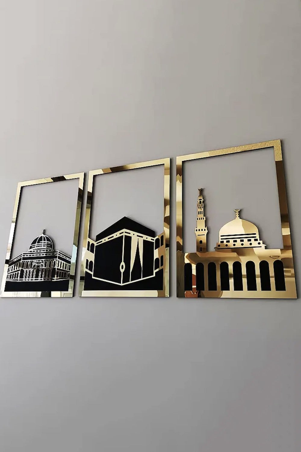 Ensemble d'Art Mural Islamique – Cadre Rectangulaire 38x30 cm | Masjid Al-Haram, Masjid Al-Aqsa, Masjid An-Nabawi