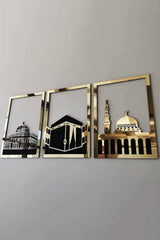 Ensemble d'Art Mural Islamique – Cadre Rectangulaire 38x30 cm | Masjid Al-Haram, Masjid Al-Aqsa, Masjid An-Nabawi