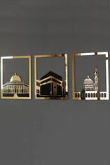 Ensemble d'Art Mural Islamique – Cadre Rectangulaire 38x30 cm | Masjid Al-Haram, Masjid Al-Aqsa, Masjid An-Nabawi