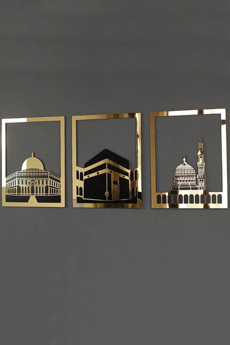 Ensemble d'Art Mural Islamique – Cadre Rectangulaire 38x30 cm | Masjid Al-Haram, Masjid Al-Aqsa, Masjid An-Nabawi